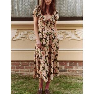 NWT THE GREAT. Midi Floral Ruffle Silk The Parish Dress
